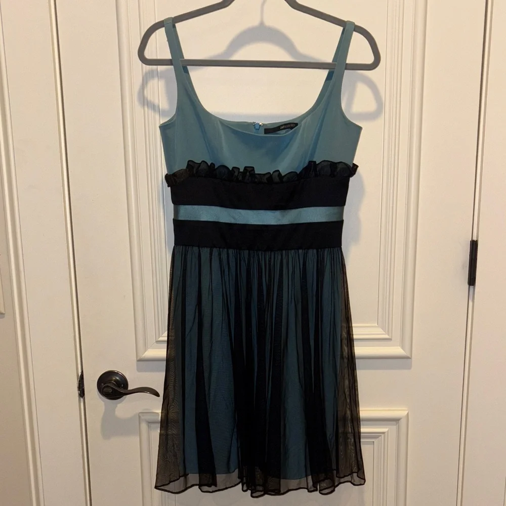 Jay Godfrey Women’s Designer Vintage Teal and Black Ruffled Mini Dress Size 4 - Picture 1 of 6